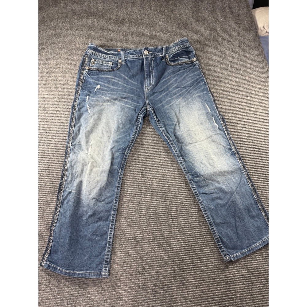 Miss Me Jeans Womens 34 Mid Wash Distressed Straight Leg Embroidered Flap Pocket - Picture 2 of 14